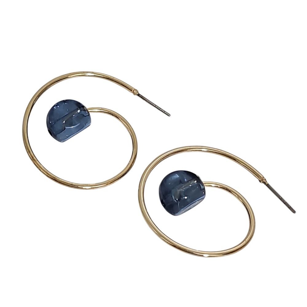 Gold Hoop Earrings Blue Bead Modern Sculptural Earrings Statement Hoops Artisan